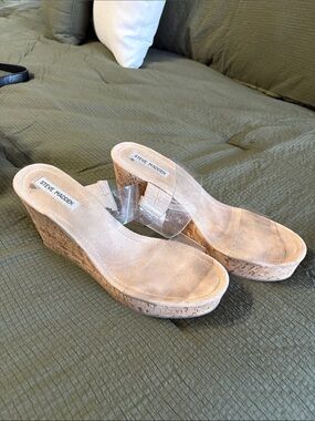 Steve Madden Clear Strap Nude Cork Wedge Sandals